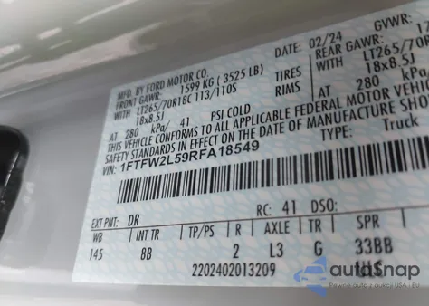 2024 Ford F-150 Stx z USA, uszkodzony, nr VIN 1FTFW2L59RFA18549